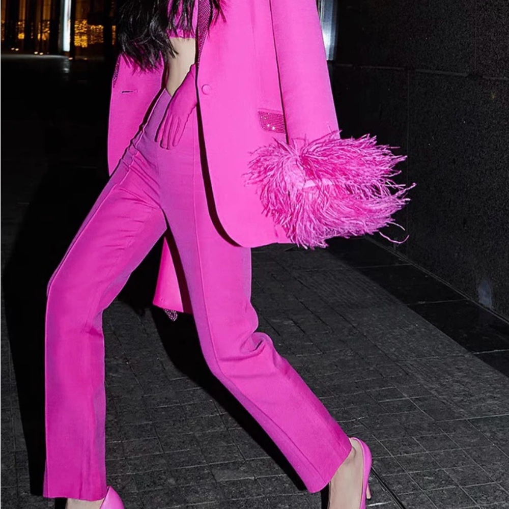 Pink 3 piece feather pants suit